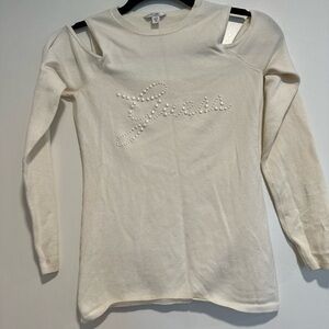 Guess Women’s XS Cold Shoulder. White Faux Pearl Logo Long-Sleeve Top.